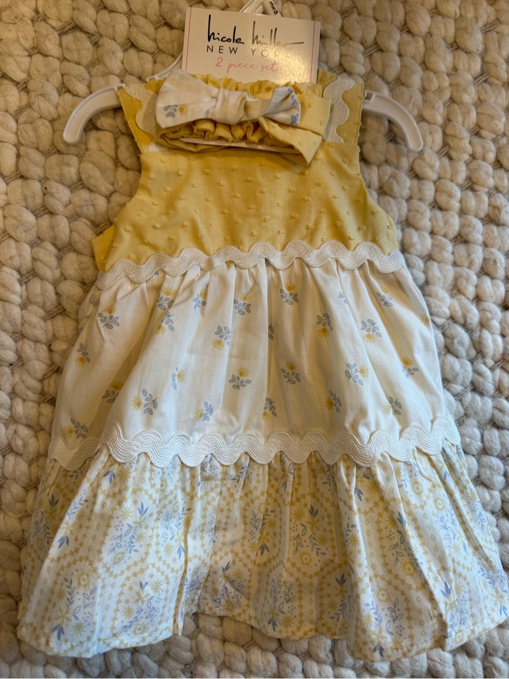 Nicole Miller Yellow and Cream Floral Tiered Dress with Bow
